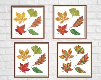 Leaves Modern Cross Stitch Pattern PDF Chart Set of 4 Autumn Leaves Designs