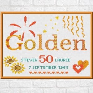 50e huwelijksverjaardag Cross Stitch patroon aanpasbare gouden jubileum cadeau digitale PDF-grafiek gepersonaliseerde trouwkaart