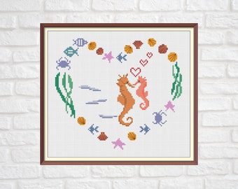 Shell Heart with Sea Horses Modern Cross Stitch Pattern PDF Chart Instant Download Sea Treasures