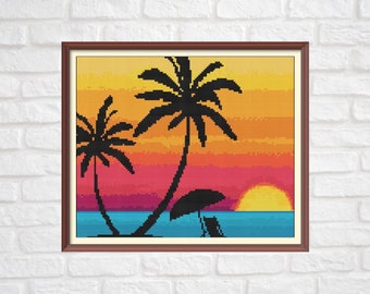 Hawaii Sunset compté Cross Stitch Pattern PDF Chart Instant Download Bright Colorful Beach Scene in Turquoise, Orange