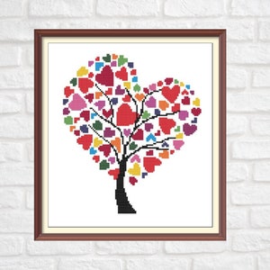 Tree of Love Modern Cross Stitch Pattern PDF Chart Instant Download Colorful Hearts Valentine's Day