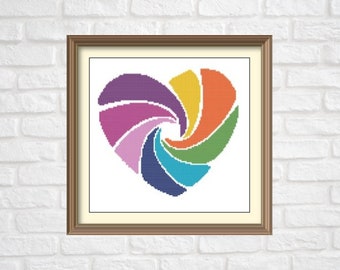 Heart Rainbow Counted Cross Stitch Pattern PDF Chart Instant Download Colorful Cross Stitch Pattern Valentine's Day