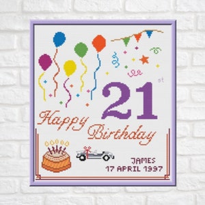 Modèle de point de croix 21e anniversaire, tableau PDF personnalisable, carte de joyeux anniversaire personnalisée