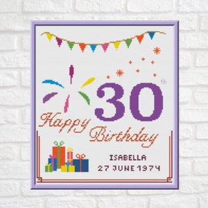Modèle de point de croix 30e anniversaire, tableau PDF personnalisable, carte de joyeux anniversaire personnalisée