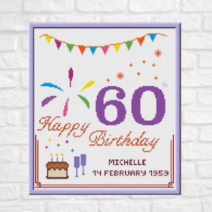 60. Geburtstag Kreuzstich Muster Personalisierbar PDF Chart Personalisierte alles Gute zum Geburtstagkarte