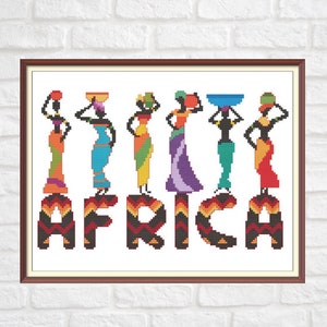 Afrika Modernes Kreuzstichmuster PDF Chart Bunte afrikanische ethnische Frauen Schrift