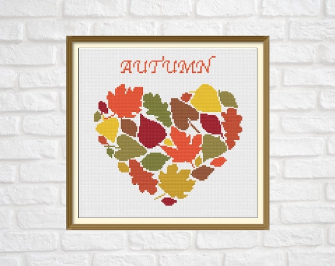 Heart Autumn Leaves Modern Cross Stitch Pattern PDF Chart Instant ...