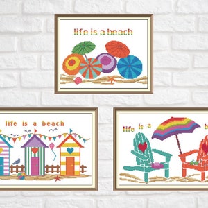 Set of Beach Scenes Counted Cross Stitch Pattern PDF Chart Colorful Cross Stitch Design