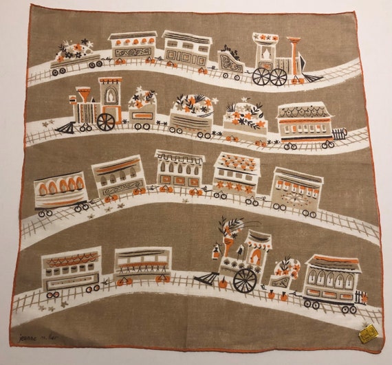 Vintage Unused Designer Jeanne Miller Train Hankie - image 1