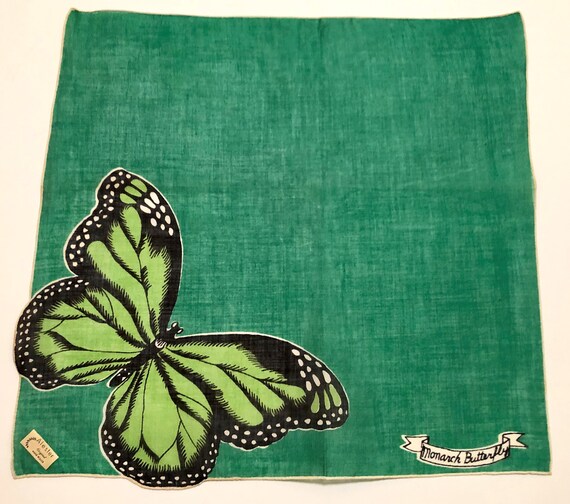 Vintage Unused Monarch Butterfly Green Hankie - image 2