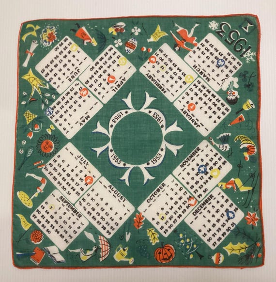 Vintage Unused Green 1953 Calendar Hankie