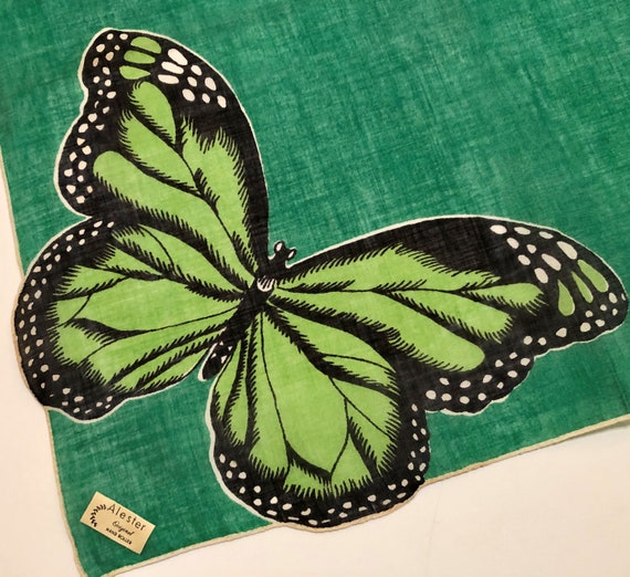 Vintage Unused Monarch Butterfly Green Hankie - image 1