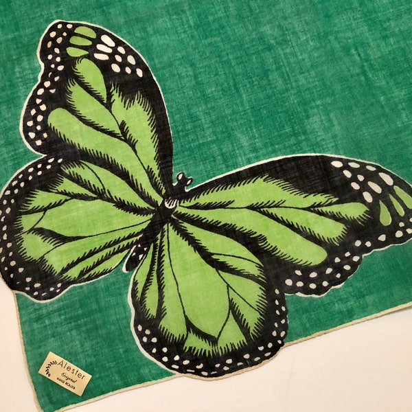 Vintage Unused Monarch Butterfly Green Hankie