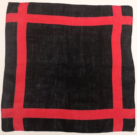 Vintage Unused Black Linen Hankie with Red Lines