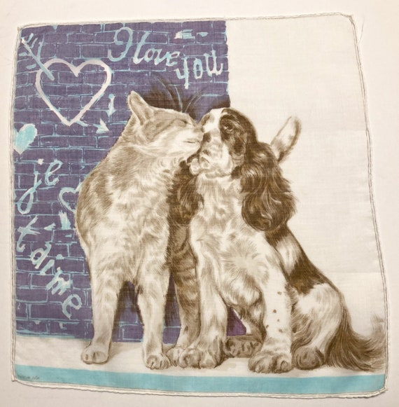 Vintage I Love You Cat & Dog Hankie - image 1