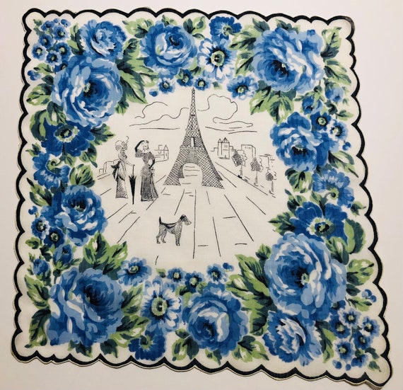 Vintage Blue Floral Hankie with Eiffel Tower Edwar