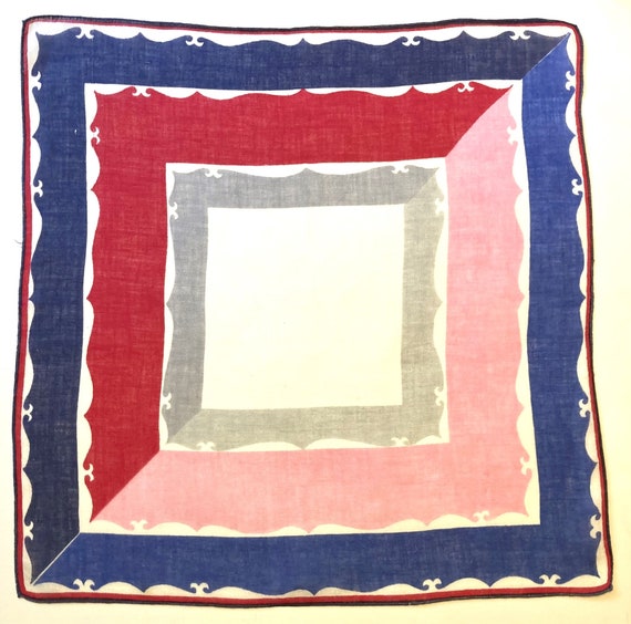 Vintage Unused Red Blue Pink Gray & White Hankie