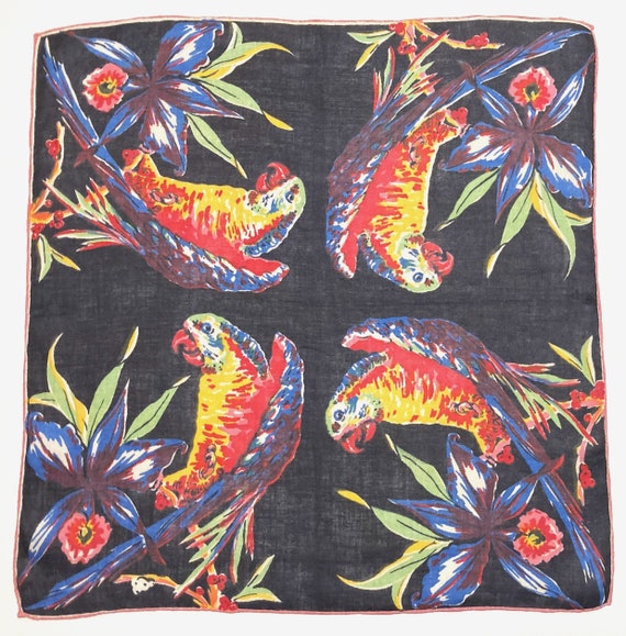 Vintage Black Hankie with 4 Multicolor Parrots