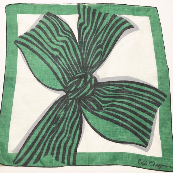 Vintage Unused Designer Ceil Chapman Hankie w/ Large Green & Black Bow