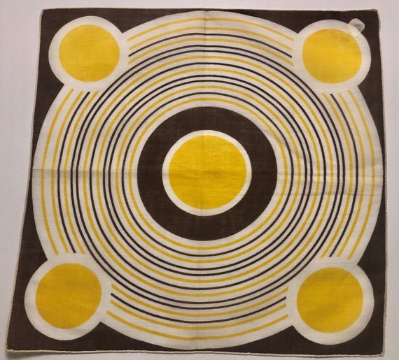 Vintage Unused Yellow & Brown Geometric Deco Hanki