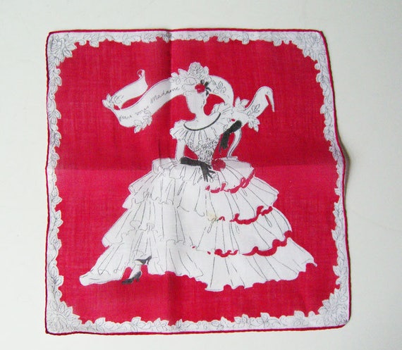 Vintage Red & White Hankie with Woman in Gown - image 1