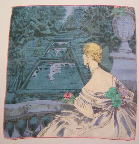 Vintage Lady In Gown Overlooking Pools and Garden… - image 1