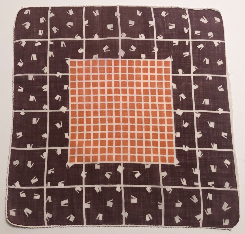 Vintage Brown /& White Geometric Deco Hankie