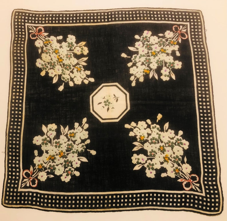 Vintage Unused Black /& White Hankie with Blue Floral Design