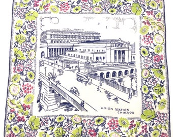 Vintage Unused Union Station Chicago Floral Hankie