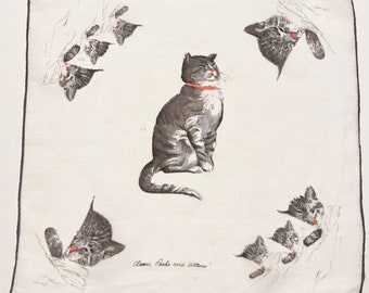 Vintage White Hankie with Cat & Kittens