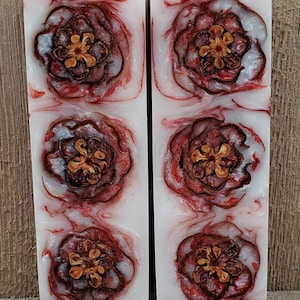 May include: Two rectangular resin blocks with embedded pine cone designs. The resin is white with red and gray swirls, and the pine cones are brown and gold. The blocks are displayed against a wooden background.