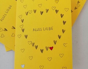 Postkarte Grußkarte Glückwunschkarte "Alles Liebe" handgemacht gelb