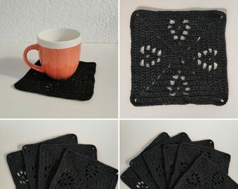 Coasters, glass coasters, cup coasters made from recycled denim yarn, crocheted in anthracite