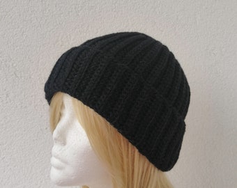 Hat winter hat crochet hat unisex hat made of silk alpaca crocheted, dense, black