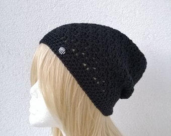 Mütze, Long Beanie, Häkelmütze, Baumwollmütze, schwarz