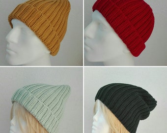 Hat crochet hat unisex hat in pure merino tan green / mint green / red / mustard yellow