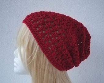 Häkelmütze, Long Beanie, Baumwollmischung, rot