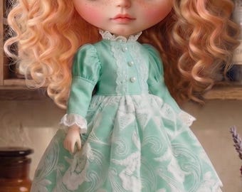 Handmade Mint Green Lace Dress and Bow Hair Clip Set for Neo Blythe, Licca, and Azone Pure Neemo S