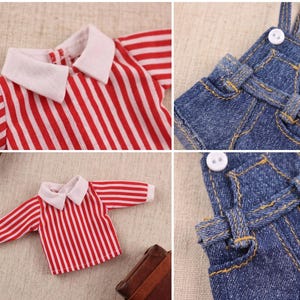 May include: Doll clothing set featuring a red and white striped shirt with a white collar and cuffs, and a pair of blue denim overalls with white buttons. The shirt has long sleeves. The overalls have yellow stitching.