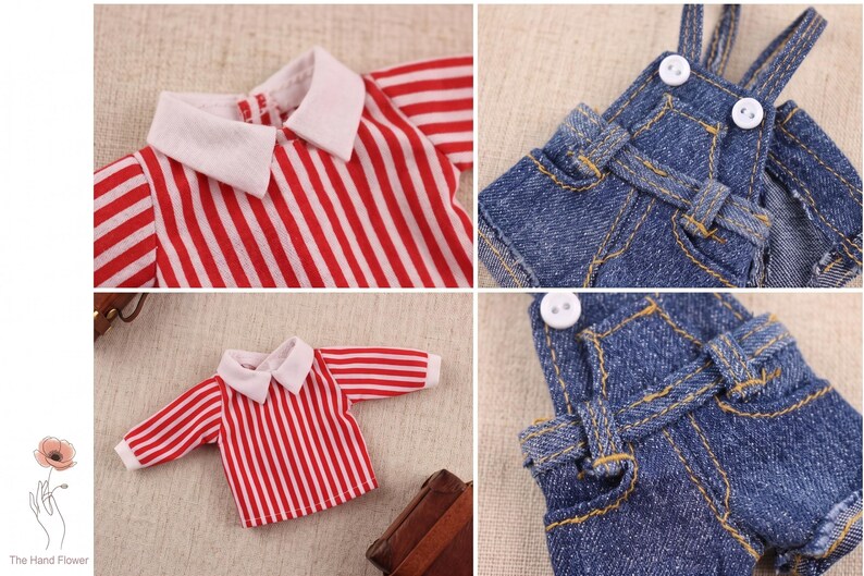 May include: Doll clothing set featuring a red and white striped shirt with a white collar and cuffs, and a pair of blue denim overalls with white buttons. The shirt has long sleeves. The overalls have yellow stitching.