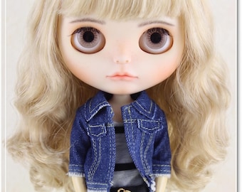 3-Piece Denim Blythe Doll Clothes Set - Jacket, Shorts, Striped Vest | Casual Neo Blythe Outfit | Apparels by The Hand Flower