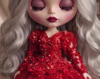 Dark Red Tulle Blythe Doll Dress, Handmade Sequin Lace Gown for Original, Jointed, Obi22, Obi24 Body