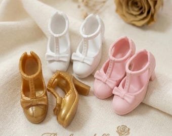 T-Strap Mary Jane Doll Shoes with Bow - Fits Neo Blythe, Licca, and Azone Pure Neemo Bodies - 3 Colors (White, Pink, Gold)