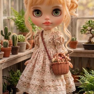 May include: A doll with blonde hair and green eyes wearing a floral dress, red boots, and carrying a small basket. The doll is in a greenhouse setting with plants and the text "The hand flower".
