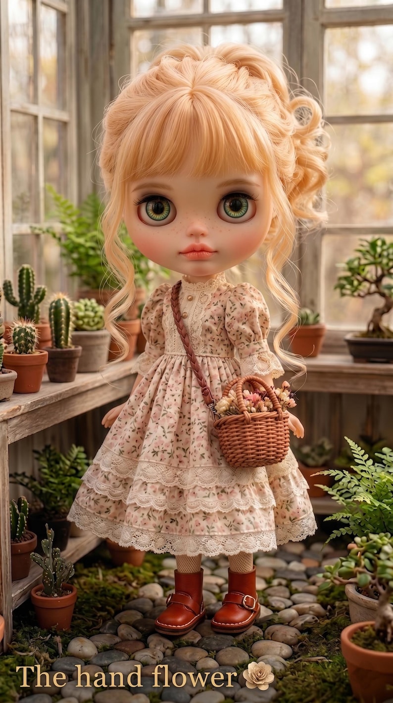 May include: A doll with blonde hair and green eyes wearing a floral dress, red boots, and carrying a small basket. The doll is in a greenhouse setting with plants and the text "The hand flower".