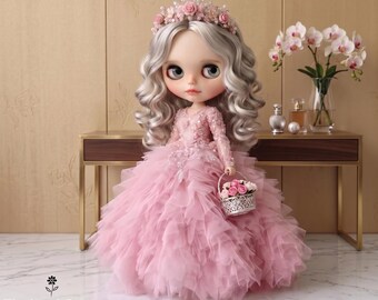 Handcrafted Pink Tulle Blythe Doll Dress | Beaded Gown for Original, Jointed, Obi22, Obi24 Body