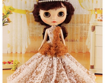 Ballkleid aus Goldspitze für Blythe Puppen, Abendkleid im Vintage-Stil mit Bronze Tüll Rüschen, 1/6 Maßstab Outfit für Blythe, Licca, Pure Neemo S