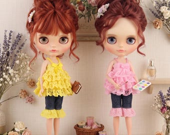 Ruffle Lace Doll Outfit Set with Denim Pants for Neo Blythe, Licca, and Azone – 3 Colors : Soft Pink, Rose Pink, Yellow by The Hand Flower