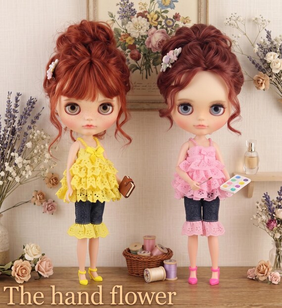 Ruffle Lace Doll Outfit Set with Denim Pants for Neo Blythe, Licca, and Azone – 3 Colors : Soft Pink, Rose Pink, Yellow by The Hand Flower