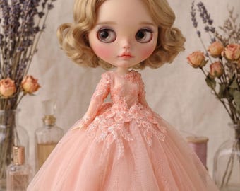 Pink Beaded Lace & High-Low Layered Tulle Gown for 1/6 Scale Dolls (Blythe, Licca, Obitsu) | The hand flower
